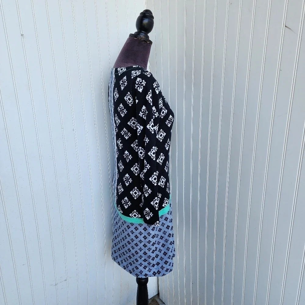 HATLEY Black Blue White Stamp Knee Length Sheath Dress Country Club Preppy Sz S